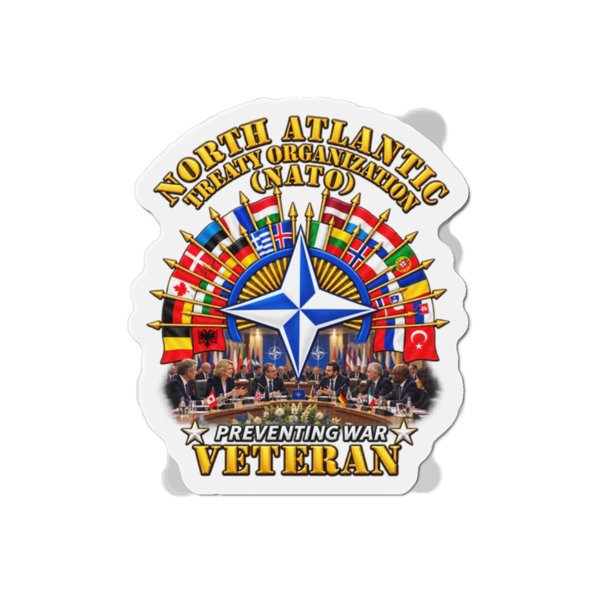 Die-Cut Magnets — NATO - Polished NATO Veteran - with flags - Meeting Scene - 3D - Transparent