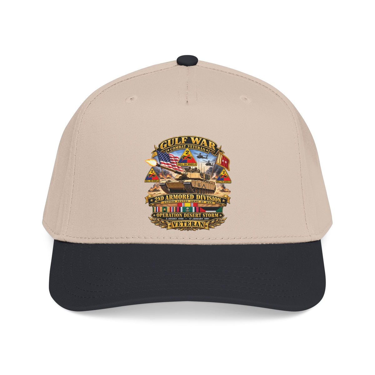 Mid Profile Baseball Cap - Army - Desert Storm - 2nd Armored Div - Combat Vereran Veteran w GULF SVC - 3D - Enhanced