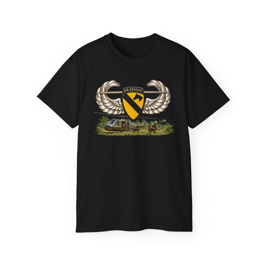 Unisex Ultra Cotton Tee - 1st Cavalry Division w Air Assault Tab on Airborne Badge with Air Assault Scene - 3D - Transparent