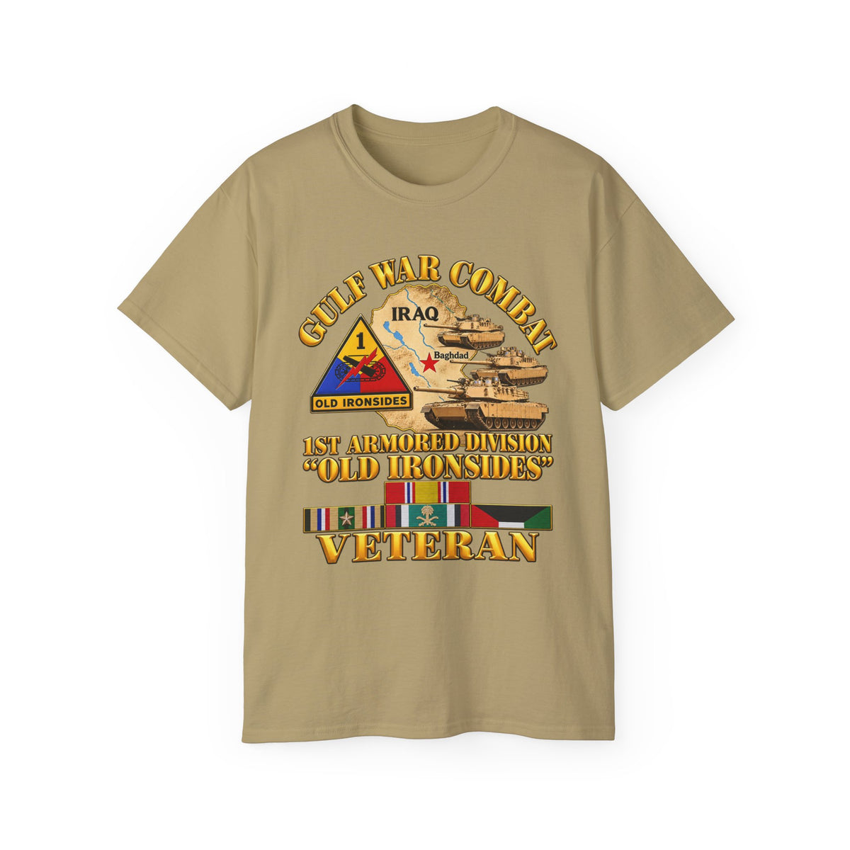 Unisex Ultra Cotton Tee - Army - Gulf War Combat - 1st Armored Divi - Old Ironsides - Veteran - Map w GULF SVC - 3D - Enhanced