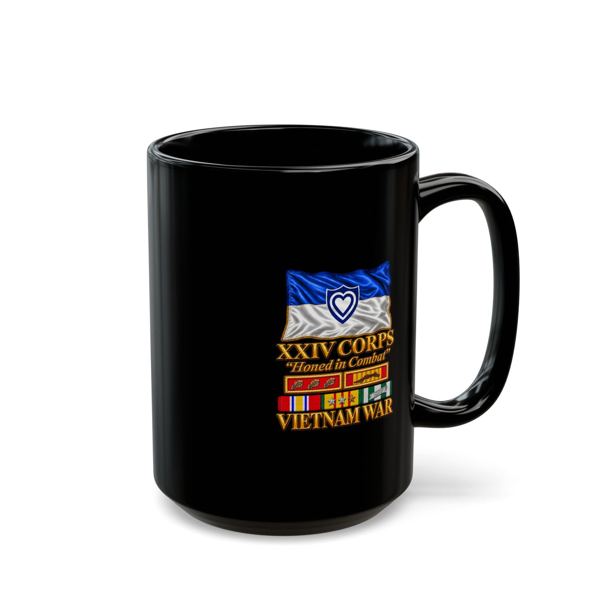 Black Mug  (15oz) - Army - XXIV Corps Flag - Waving - Ribbons - Meritorious Awards - Vietnam War - 3D - Transparent