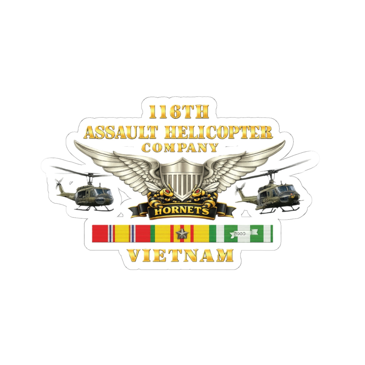 Kiss-Cut Stickers - Army - 116th Assault Helicopter Co w  Aviator Badge w VN SVC - HORNETS - Side X Side - 3D - Enhanced