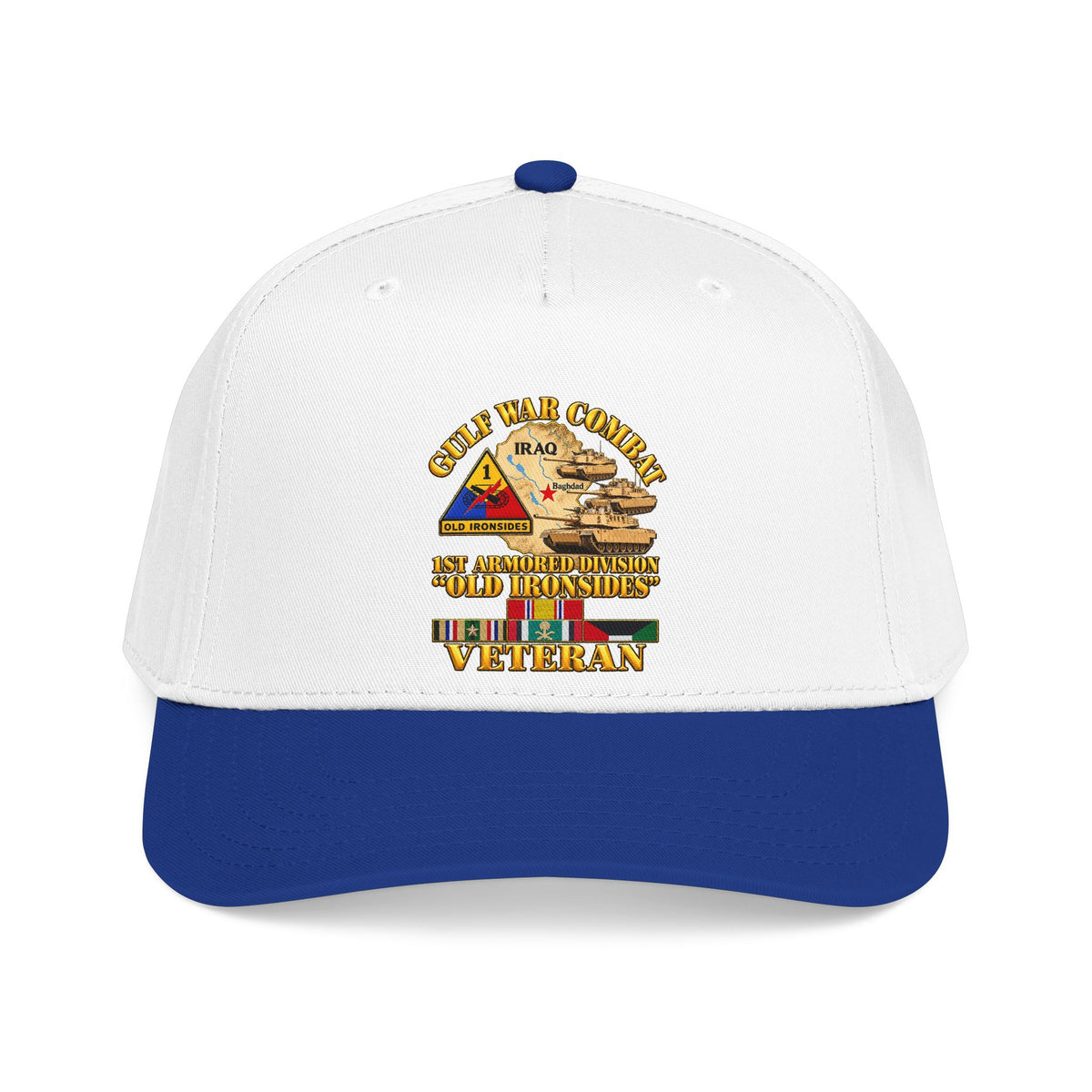 Mid Profile Baseball Cap - Army - Gulf War Combat - 1st Armored Divi - Old Ironsides - Veteran - Map w GULF SVC - 3D - Enhanced