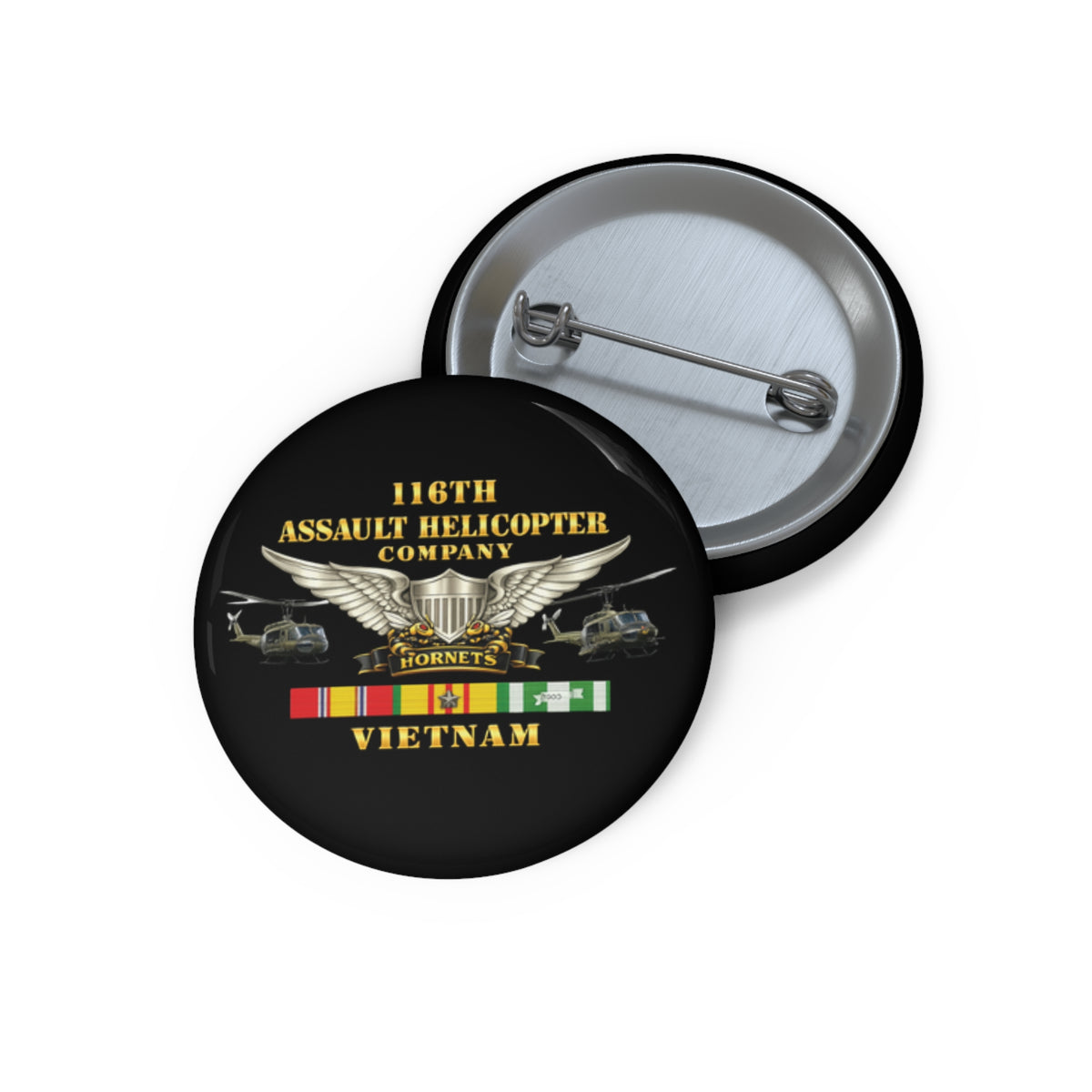 Custom Pin Buttons - Army - 116th Assault Helicopter Co w  Aviator Badge w VN SVC - HORNETS - Side X Side - 3D - Enhanced