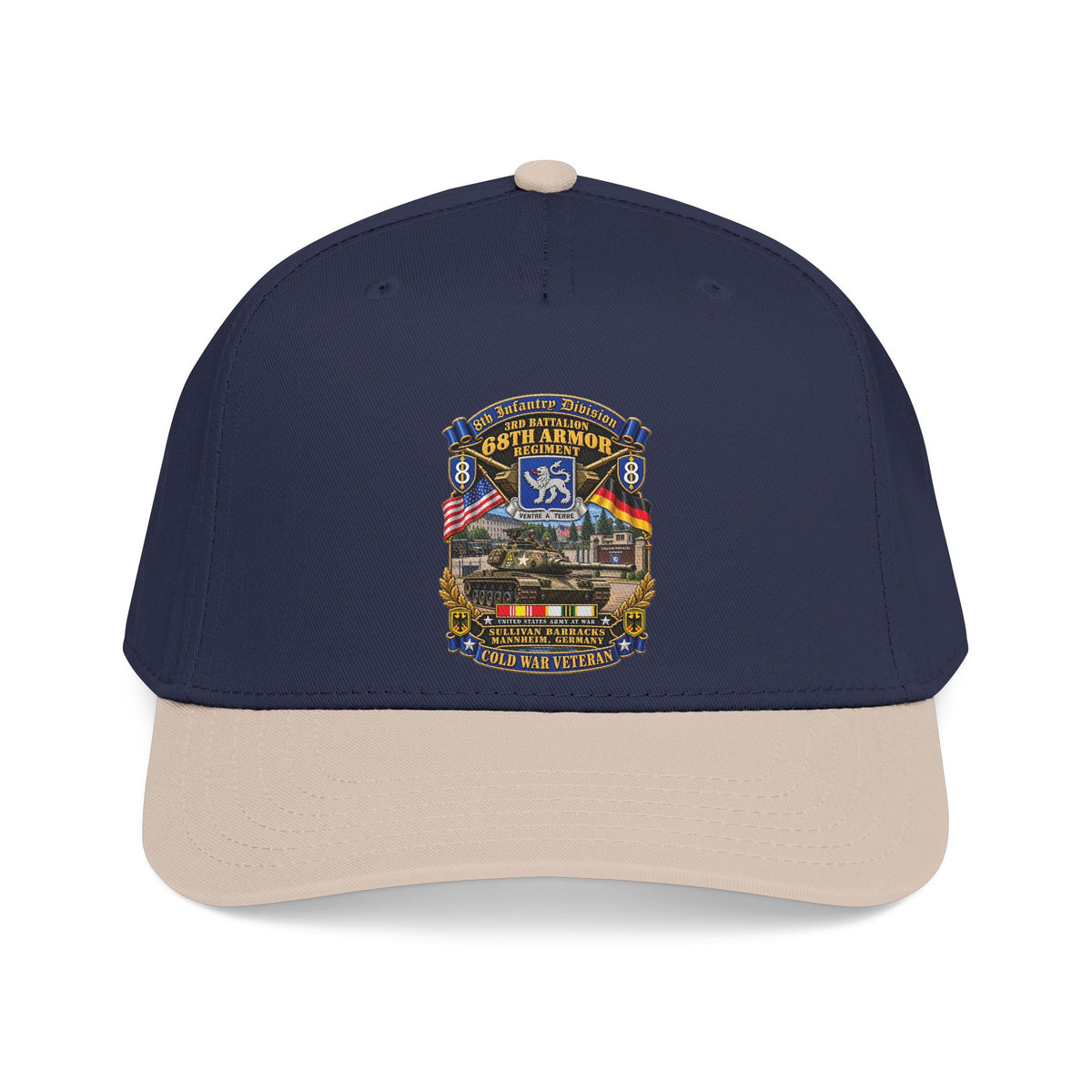 Mid Profile Baseball Cap - 8th Infantry Division Scroll - 3rd Bn 68th Armor Regiment - Sullivan Barracks, Mannheim, Germany - Cold War Vet w COLD SVC - 3D - Enhanced