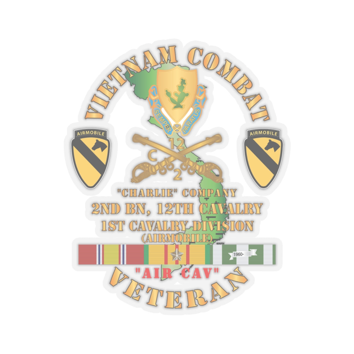 Kiss-Cut Stickers - Army - Vietnam Combat Cavalry Veteran w C Company 2nd Bn 12th Cav DUI - 1st Cav Div X 3000