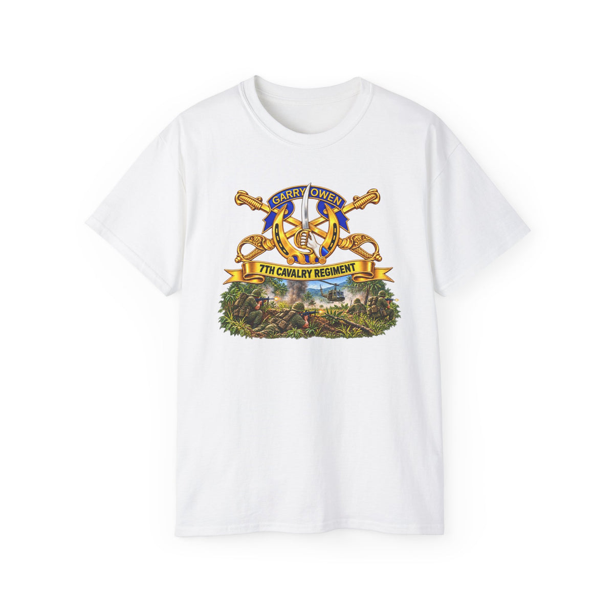 Unisex Ultra Cotton Tee - 7th Cavalry Regiment - DUI, Br, Ribbon w  Battle of Ia drang Valley Scene - Vietnam - 3D - Transparent