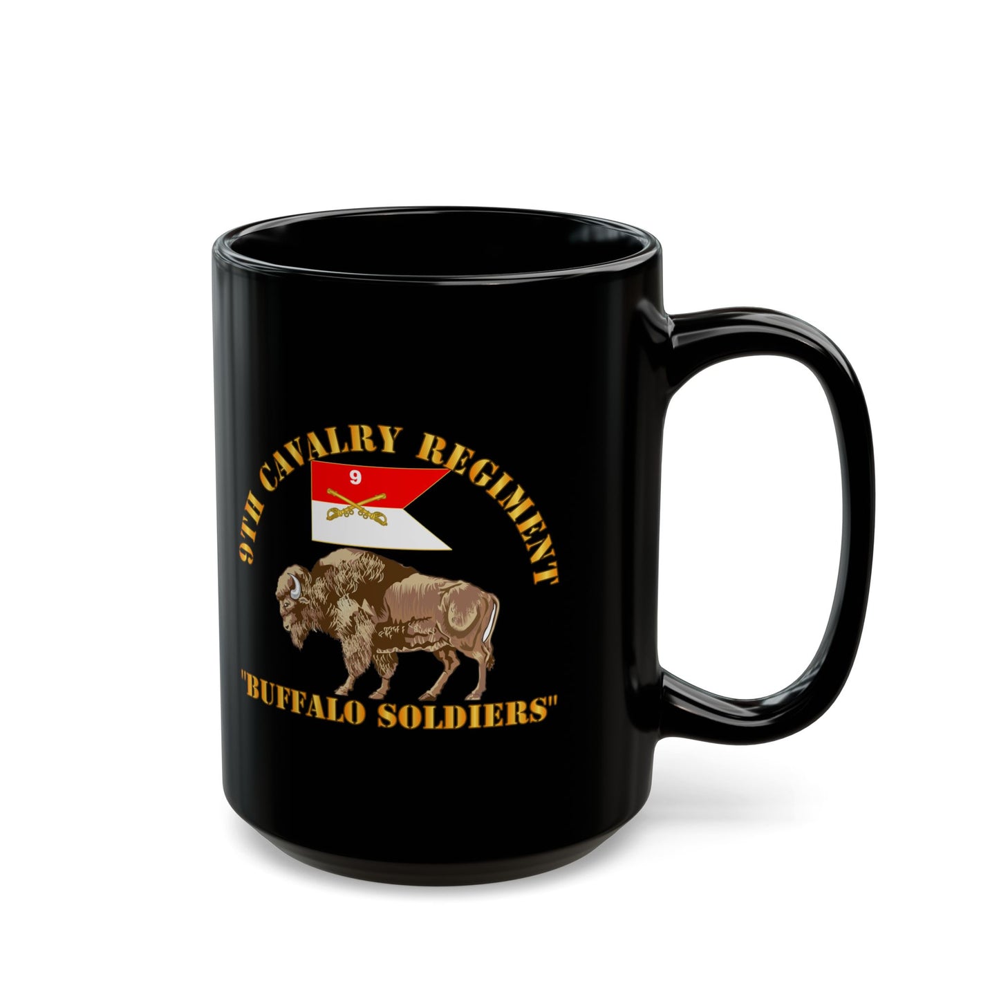 Black Mug 15oz - Army - 9th Cavalry Regiment - Buffalo Soldiers w 9th Cav Guidon