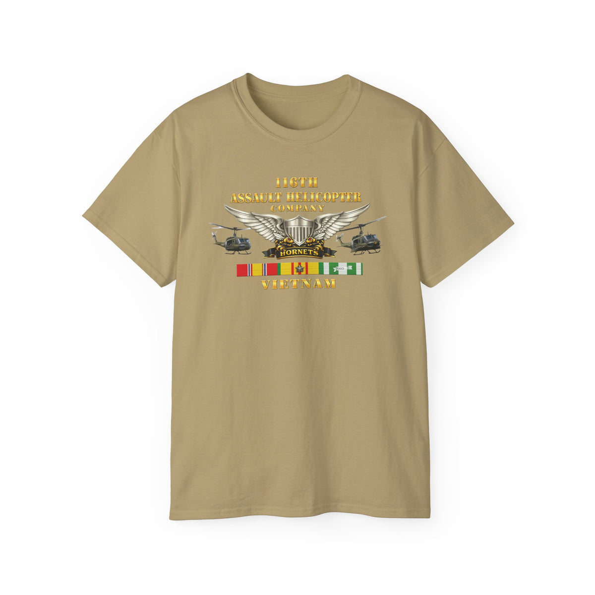 Unisex Ultra Cotton Tee - Army - 116th Assault Helicopter Co w  Aviator Badge w VN SVC - HORNETS - Side X Side - 3D - Enhanced