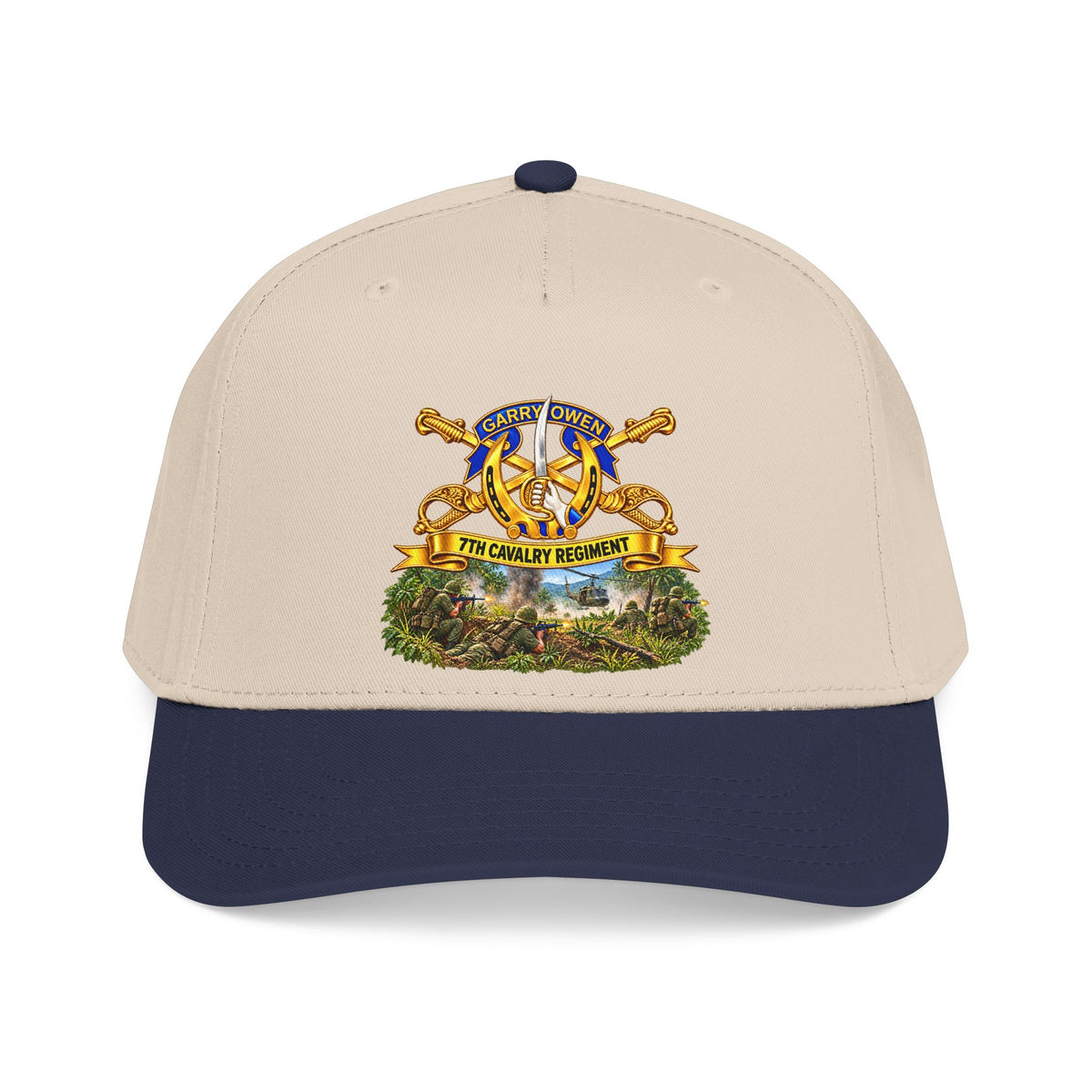 Mid Profile Baseball Cap — 7th Cavalry Regiment - DUI, Br, Ribbon w  Battle of Ia drang Valley Scene - Vietnam - 3D - Transparent