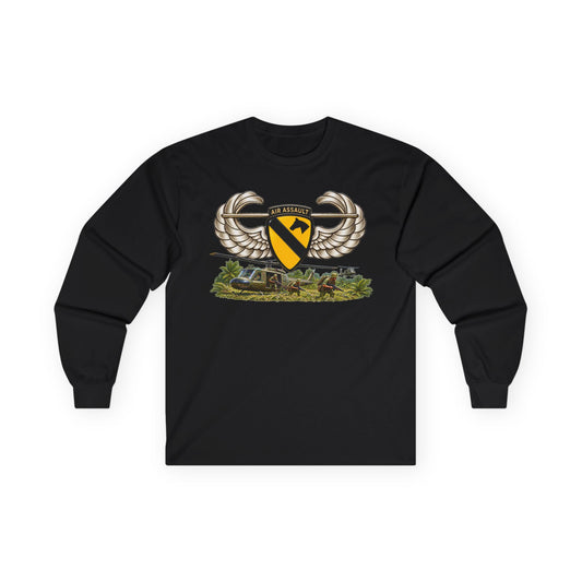 Unisex Ultra Cotton Long Sleeve Tee - 1st Cavalry Division w Air Assault Tab on Airborne Badge with Air Assault Scene - 3D - Transparent