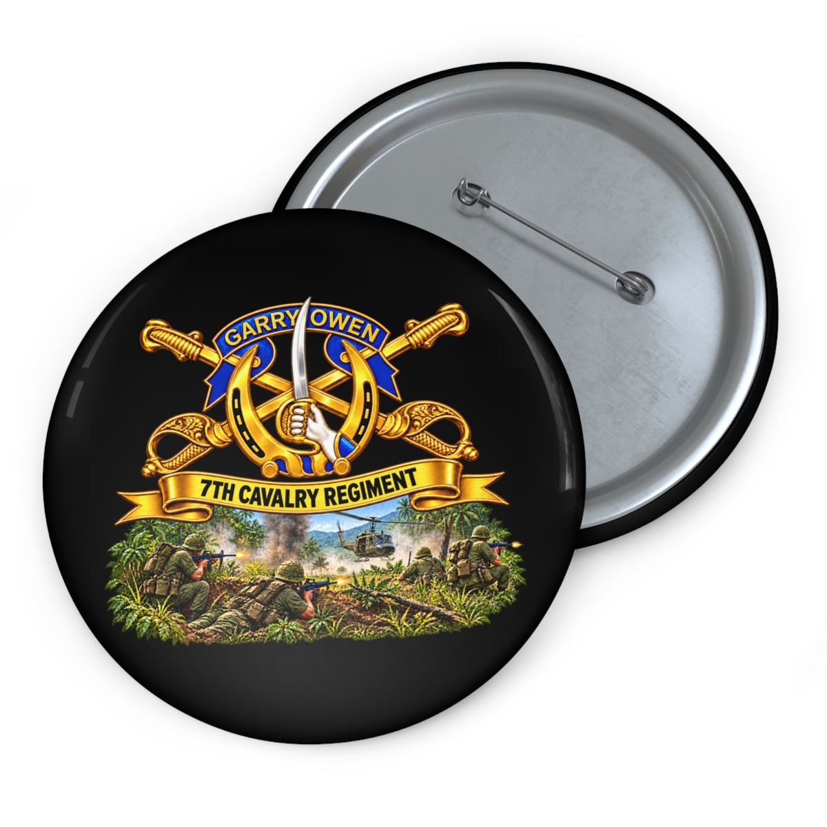 Custom Pin Buttons - 7th Cavalry Regiment - DUI, Br, Ribbon w  Battle of Ia drang Valley Scene - Vietnam - 3D - Transparent
