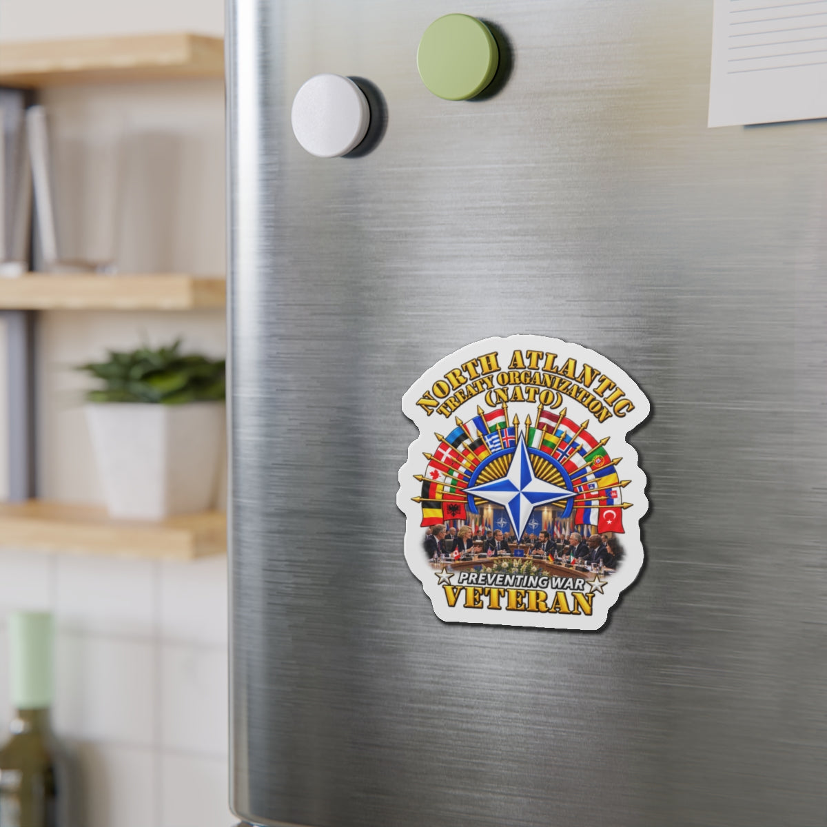 Die-Cut Magnets — NATO - Polished NATO Veteran - with flags - Meeting Scene - 3D - Transparent