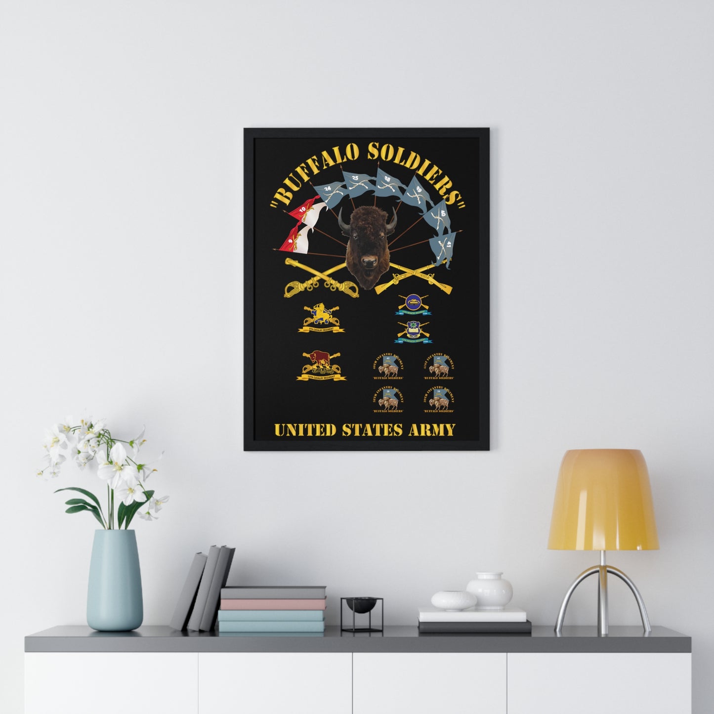 Vertical Framed Poster - Buffalo Soldiers Infantry Cavalry Guidons with Buffalo Head and Unit Crests US Army
