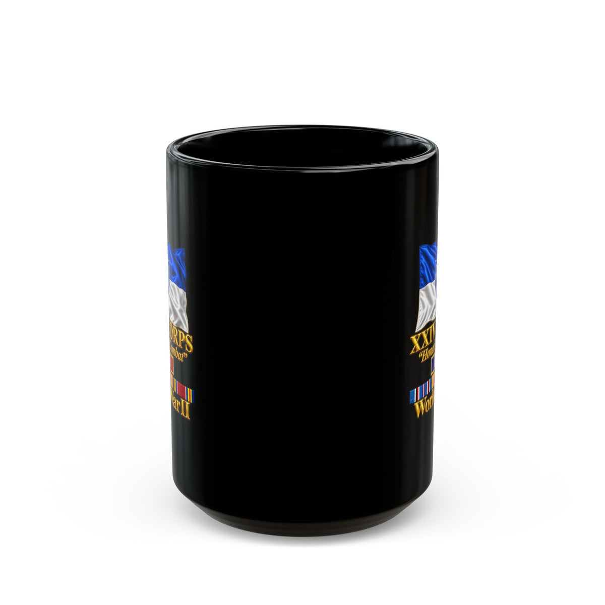 Black Mug  (15oz) - Army - XXIV Corps Flag - Waving - Ribbons - World War II - 3D - Transparent
