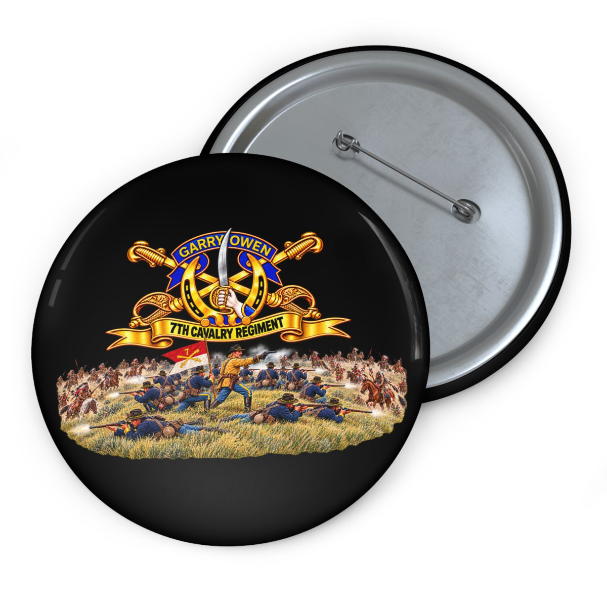 Custom Pin Buttons - 7th Cavalry Regiment - DUI, Br, Ribbon w  Battle of Little Big Horn Scene - 3D - Transparent