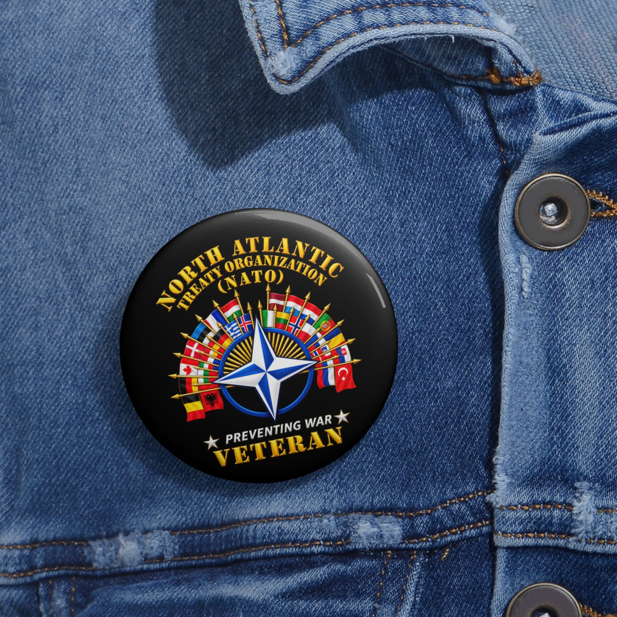 Custom Pin Buttons - NATO - Polished NATO Veteran - with flags - 3D - Transparent
