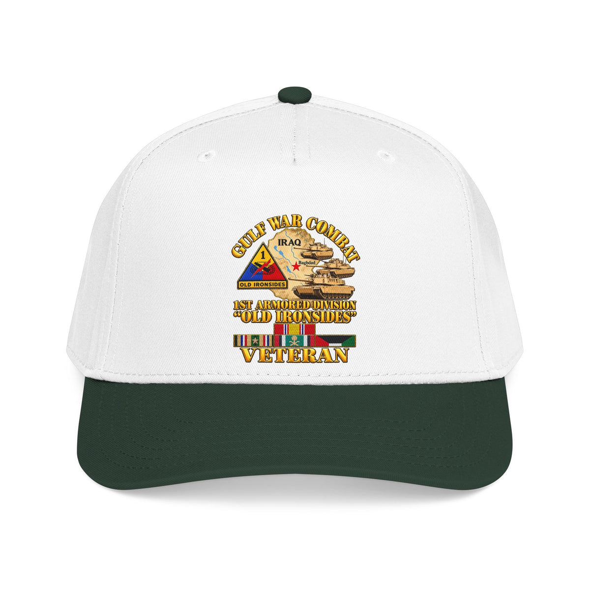 Mid Profile Baseball Cap - Army - Gulf War Combat - 1st Armored Divi - Old Ironsides - Veteran - Map w GULF SVC - 3D - Enhanced
