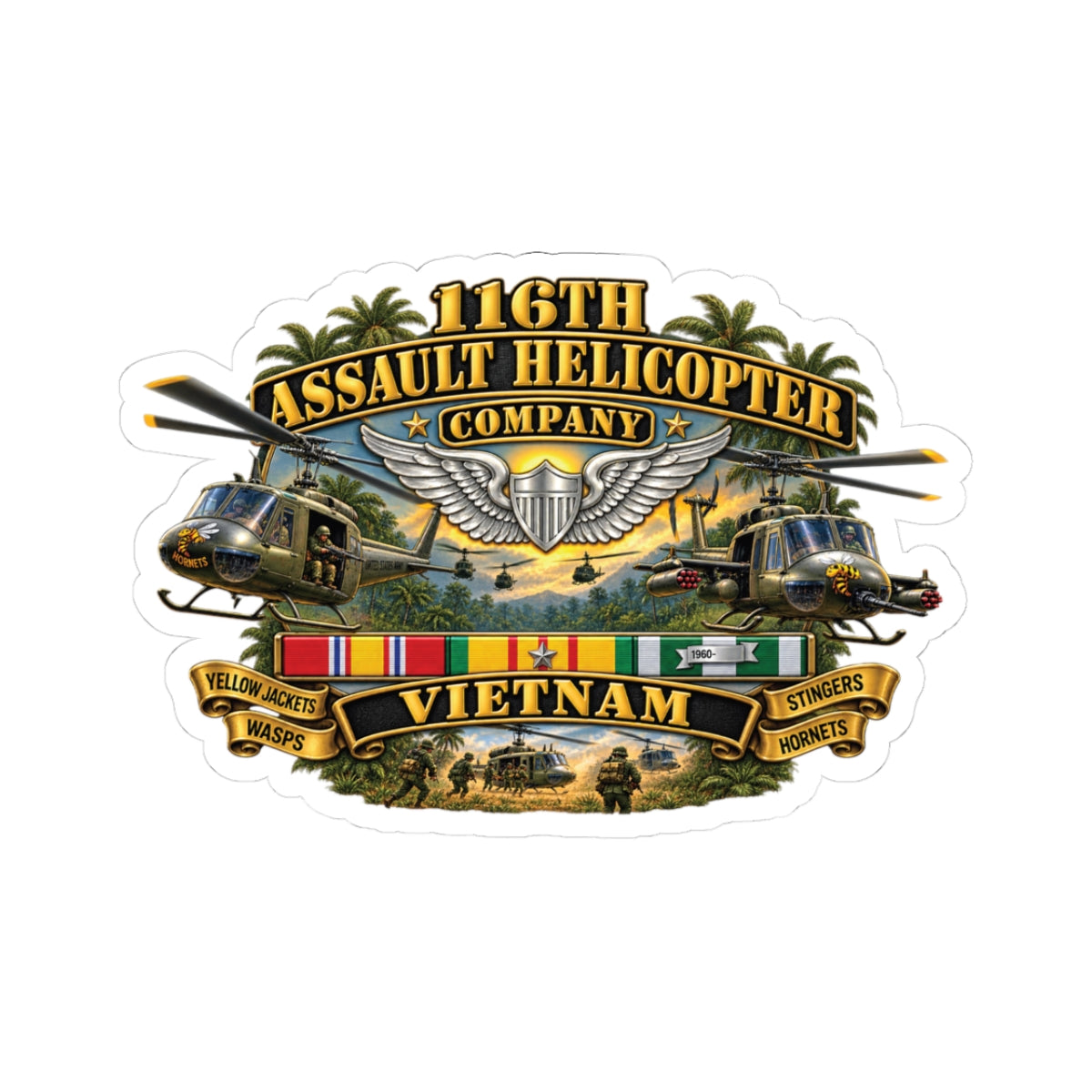 Kiss-Cut Stickers - Army - 116th Assault Helicopter Co w  Aviator Badge w VN SVC - HORNETS - 3D - Enhanced