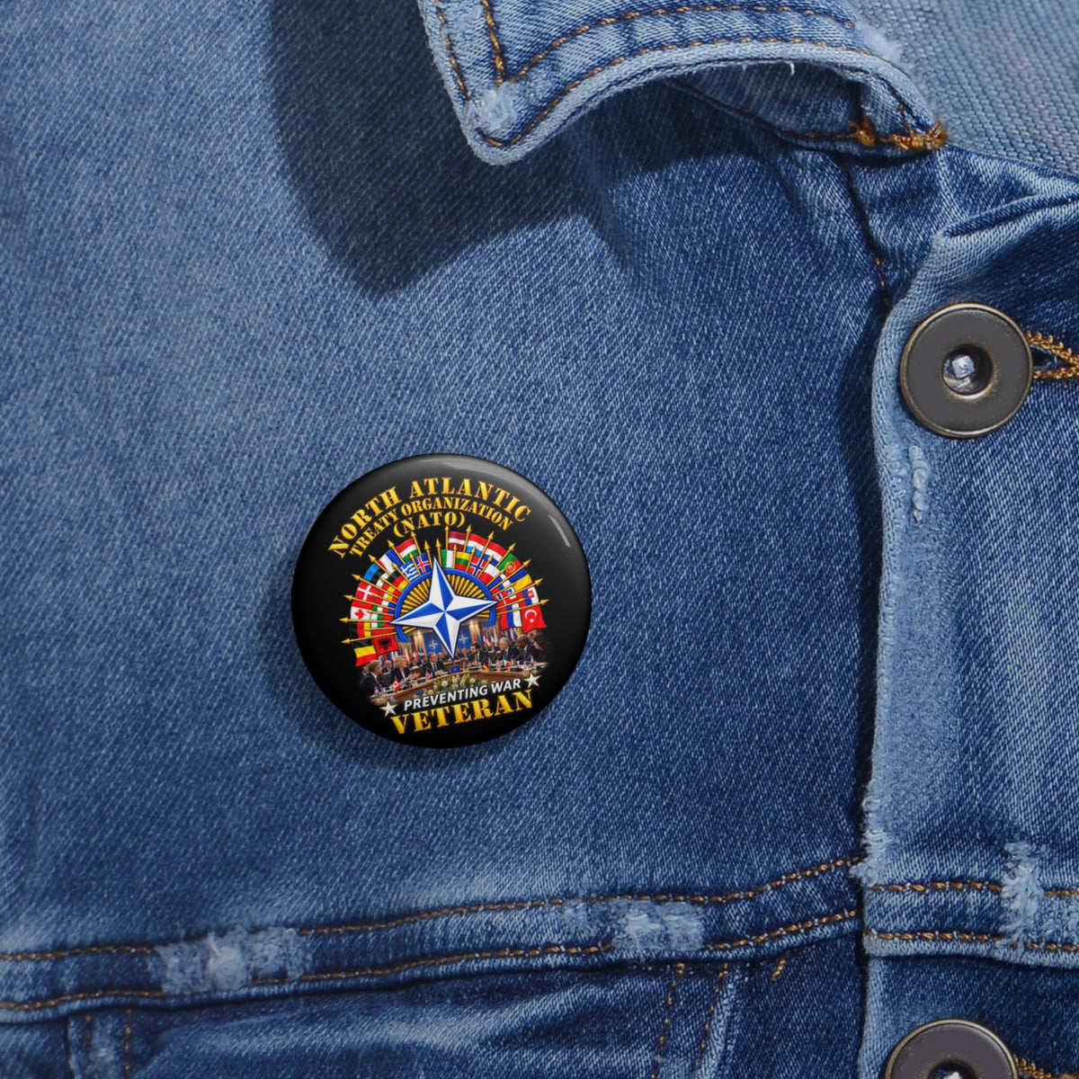 Custom Pin Buttons - NATO - Polished NATO Veteran - with flags - Meeting Scene - 3D - Transparent