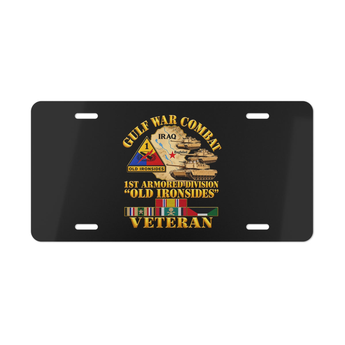 Vanity License Plate - Army - Gulf War Combat - 1st Armored Divi - Old Ironsides - Veteran - Map w GULF SVC - 3D - Enhanced