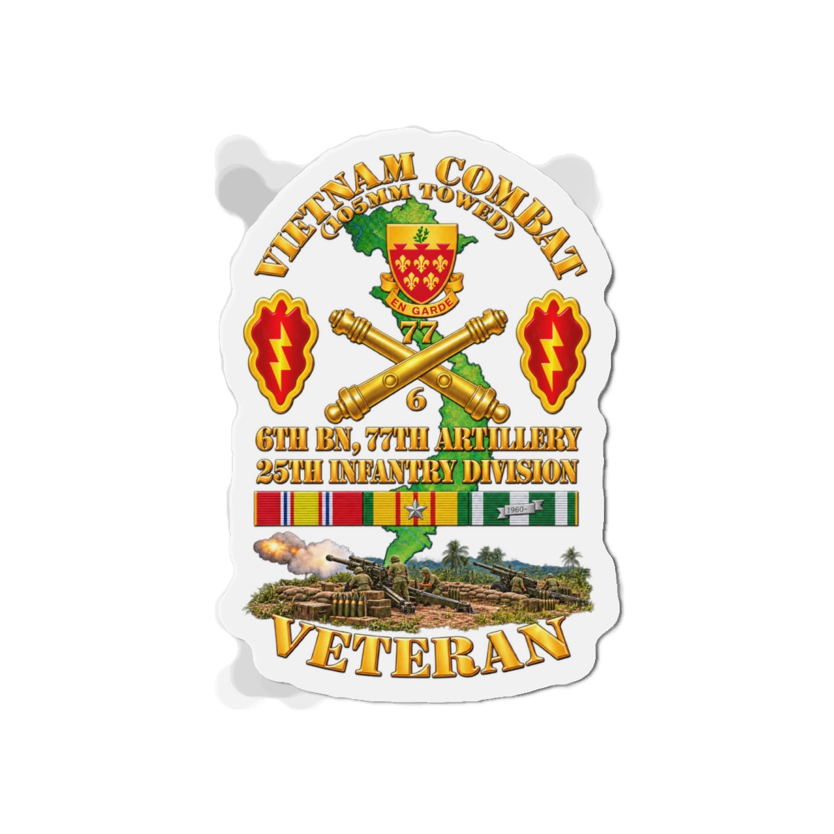 Die-Cut Magnets — Army - Vietnam Combat Veteran w 6th Bn 77th Artillery DUI -25th Infantry Div w Fire Mission Scene - 3D - Transparent