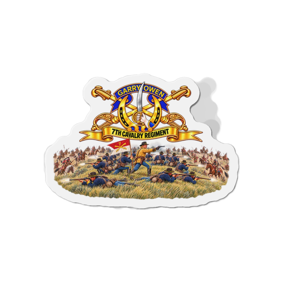 Die-Cut Magnets — 7th Cavalry Regiment - DUI, Br, Ribbon w  Battle of Little Big Horn Scene - 3D - Transparent
