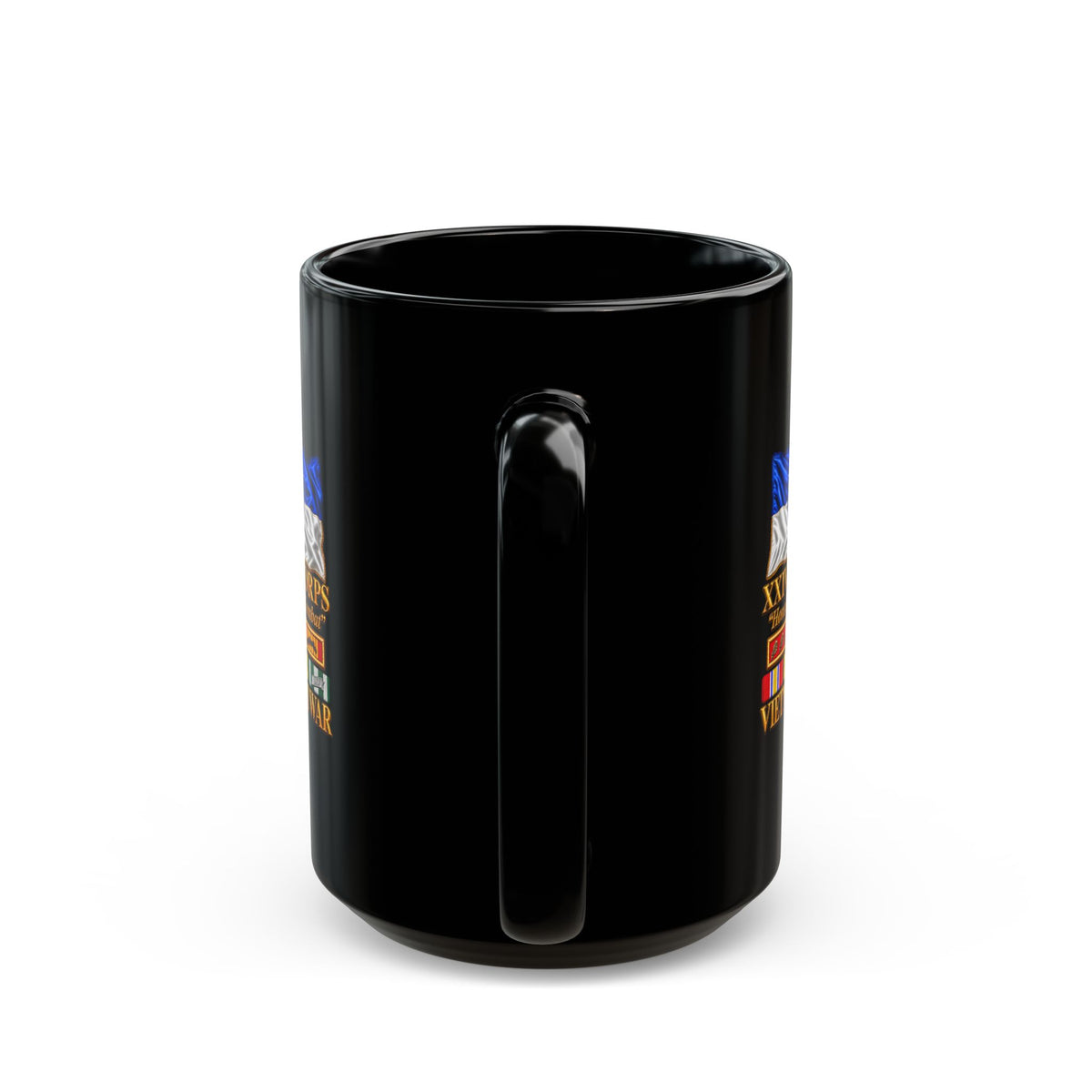 Black Mug  (15oz) - Army - XXIV Corps Flag - Waving - Ribbons - Meritorious Awards - Vietnam War - 3D - Transparent