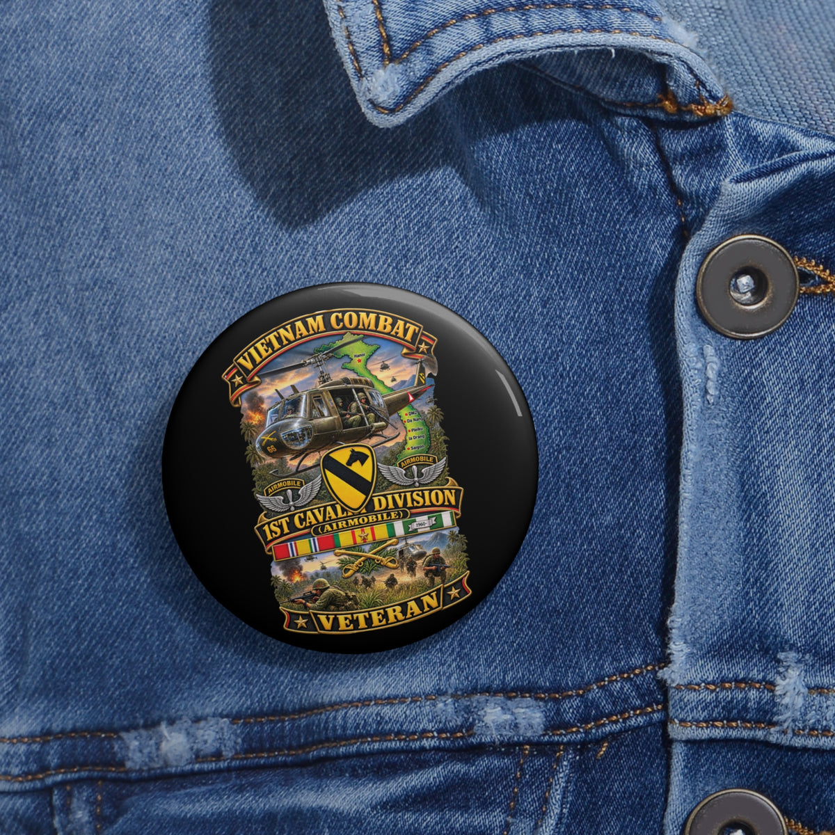 Custom Pin Buttons - Army - Vietnam Combat Cavalry Veteran w 1st Cav Div SSI  Big Helo - 3D - Enhanced