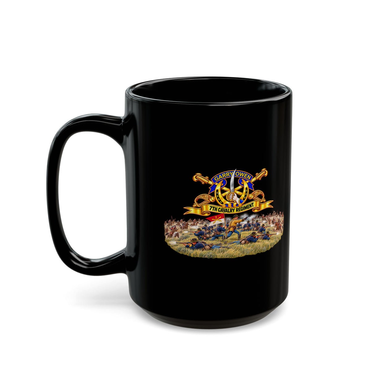 Black Mug  (15oz) - 7th Cavalry Regiment - DUI, Br, Ribbon w  Battle of Little Big Horn Scene - 3D - Transparent