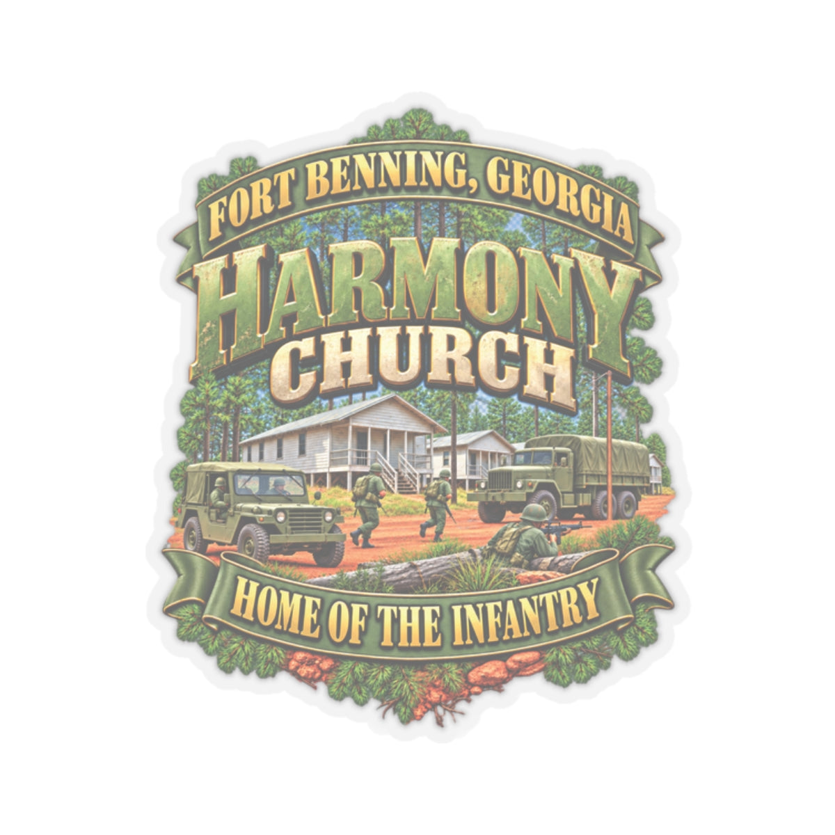 Kiss-Cut Stickers - Fort Benning, Georgia, Harmony Church - Home of the Infantry - 3D - Enhanced