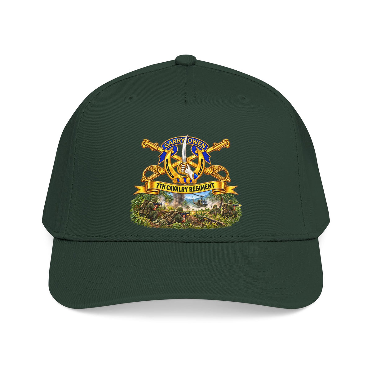 Mid Profile Baseball Cap — 7th Cavalry Regiment - DUI, Br, Ribbon w  Battle of Ia drang Valley Scene - Vietnam - 3D - Transparent