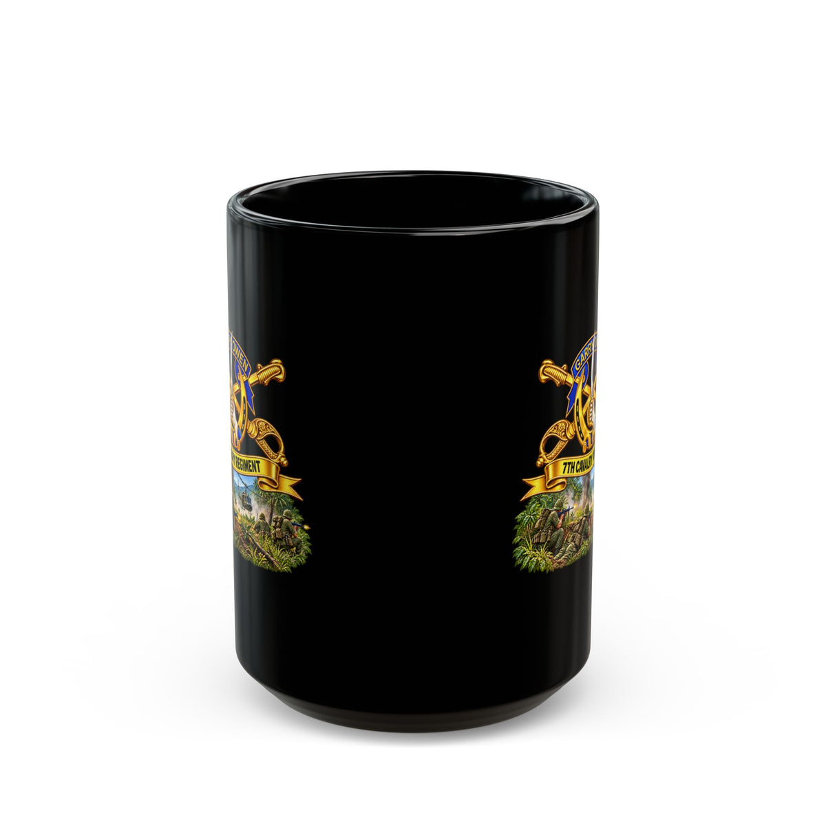 Black Mug  (15oz) - 7th Cavalry Regiment - DUI, Br, Ribbon w  Battle of Ia drang Valley Scene - Vietnam - 3D - Transparent