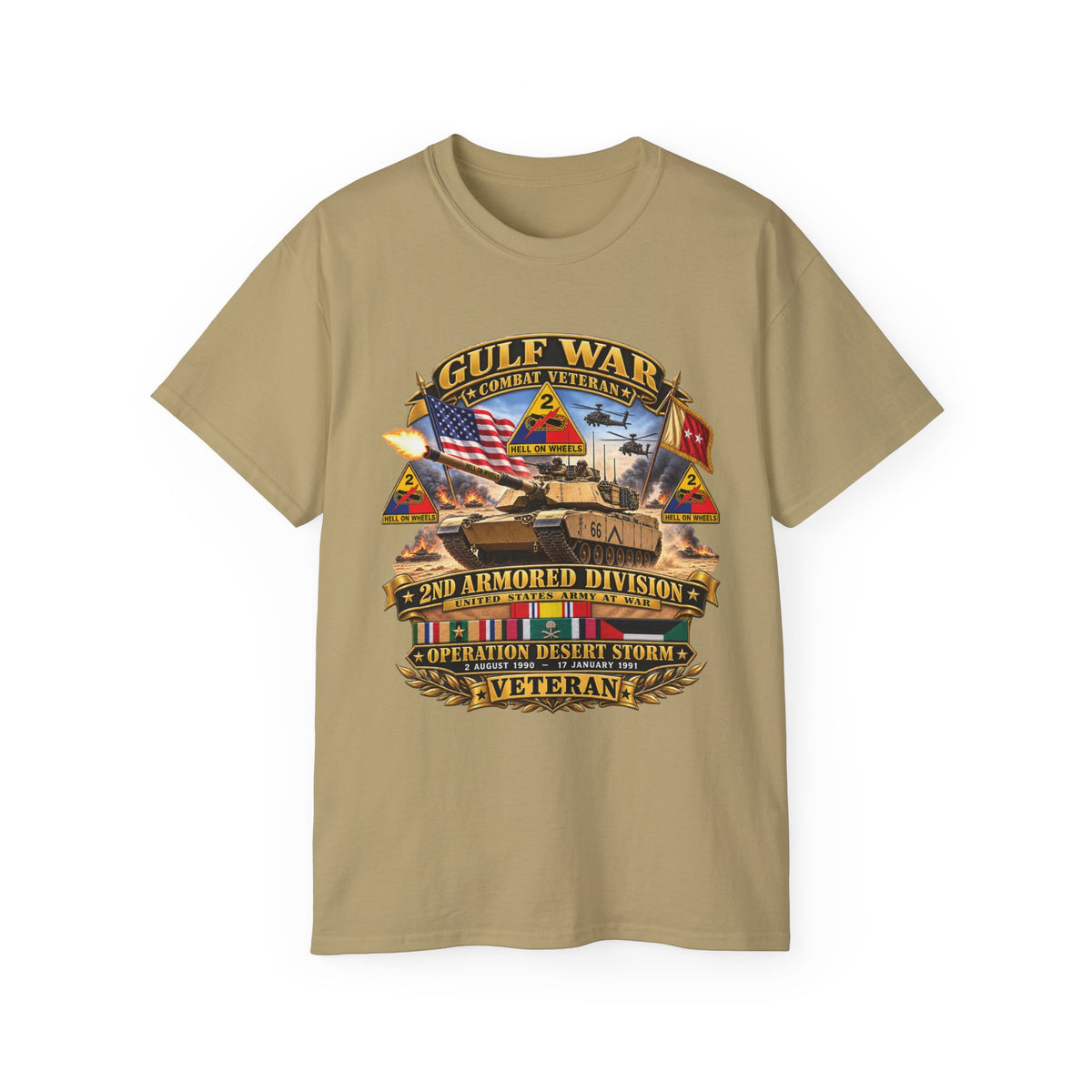 Unisex Ultra Cotton Tee - Army - Desert Storm - 2nd Armored Div - Combat Vereran Veteran w GULF SVC - 3D - Enhanced