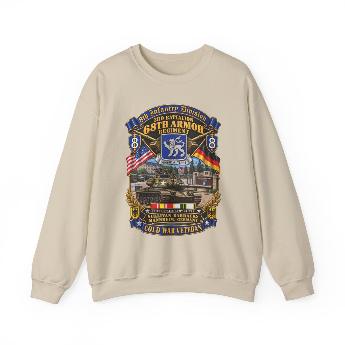 Crewneck Sweatshirt - 8th Infantry Division Scroll - 3rd Bn 68th Armor Regiment - Sullivan Barracks, Mannheim, Germany - Cold War Vet w COLD SVC - 3D - Enhanced