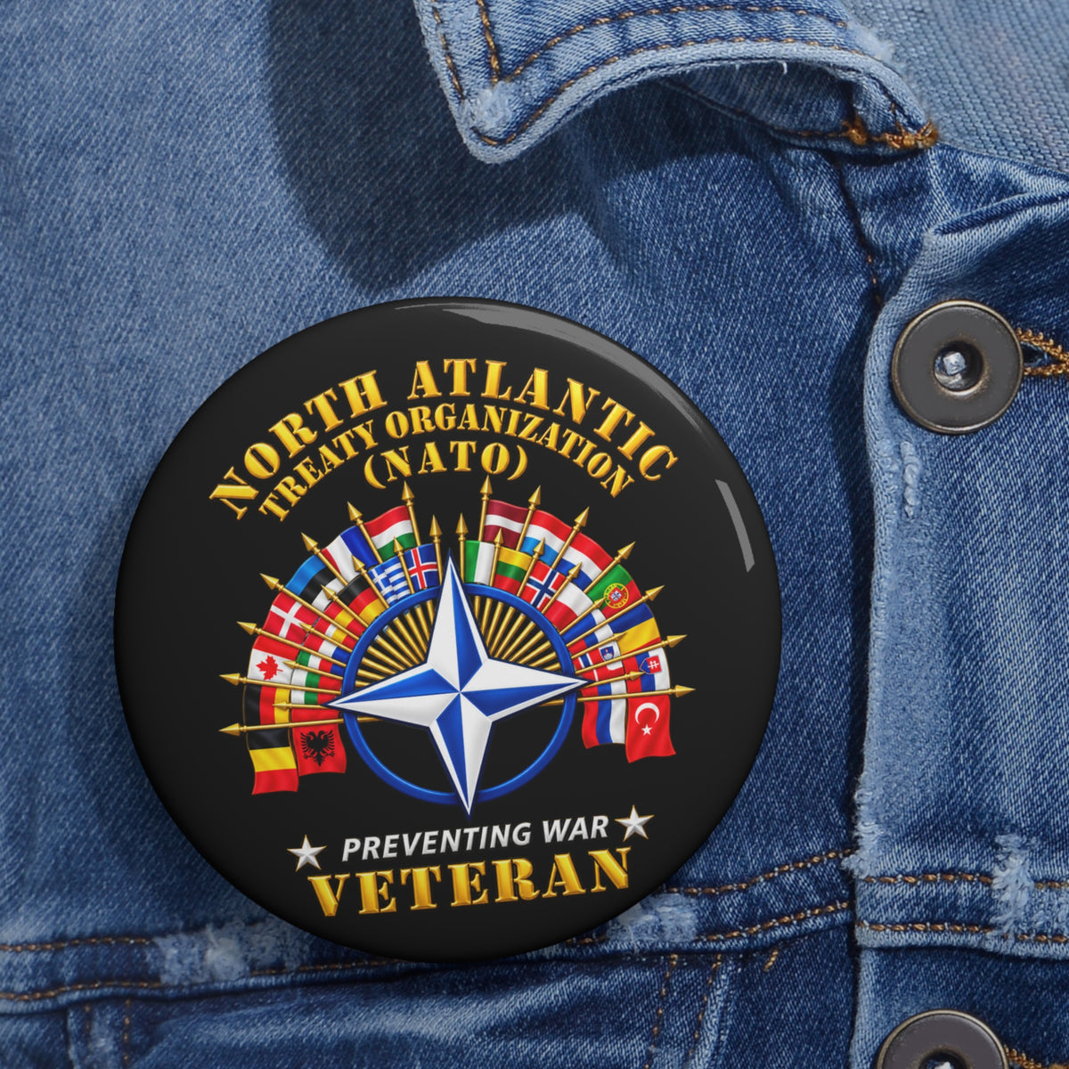 Custom Pin Buttons - NATO - Polished NATO Veteran - with flags - 3D - Transparent