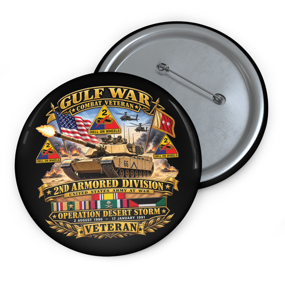 Custom Pin Buttons - Army - Desert Storm - 2nd Armored Div - Combat Vereran Veteran w GULF SVC - 3D - Enhanced