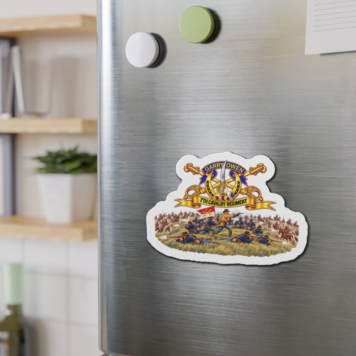 Die-Cut Magnets — 7th Cavalry Regiment - DUI, Br, Ribbon w  Battle of Little Big Horn Scene - 3D - Transparent