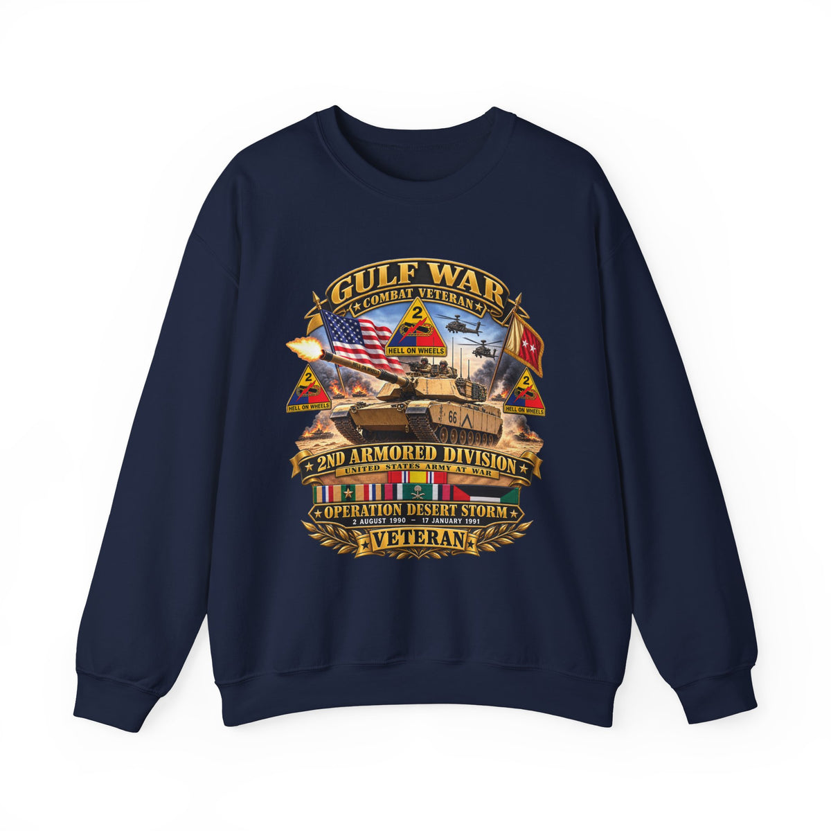 Crewneck Sweatshirt - Army - Desert Storm - 2nd Armored Div - Combat Vereran Veteran w GULF SVC - 3D - Enhanced