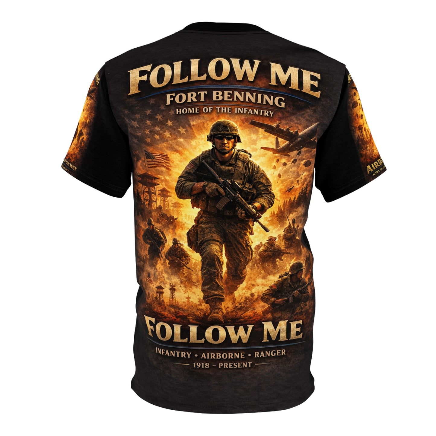 Fort Benning Infantry Tribute All‑Over Print Tee — "Follow Me, I Am the Infantry"