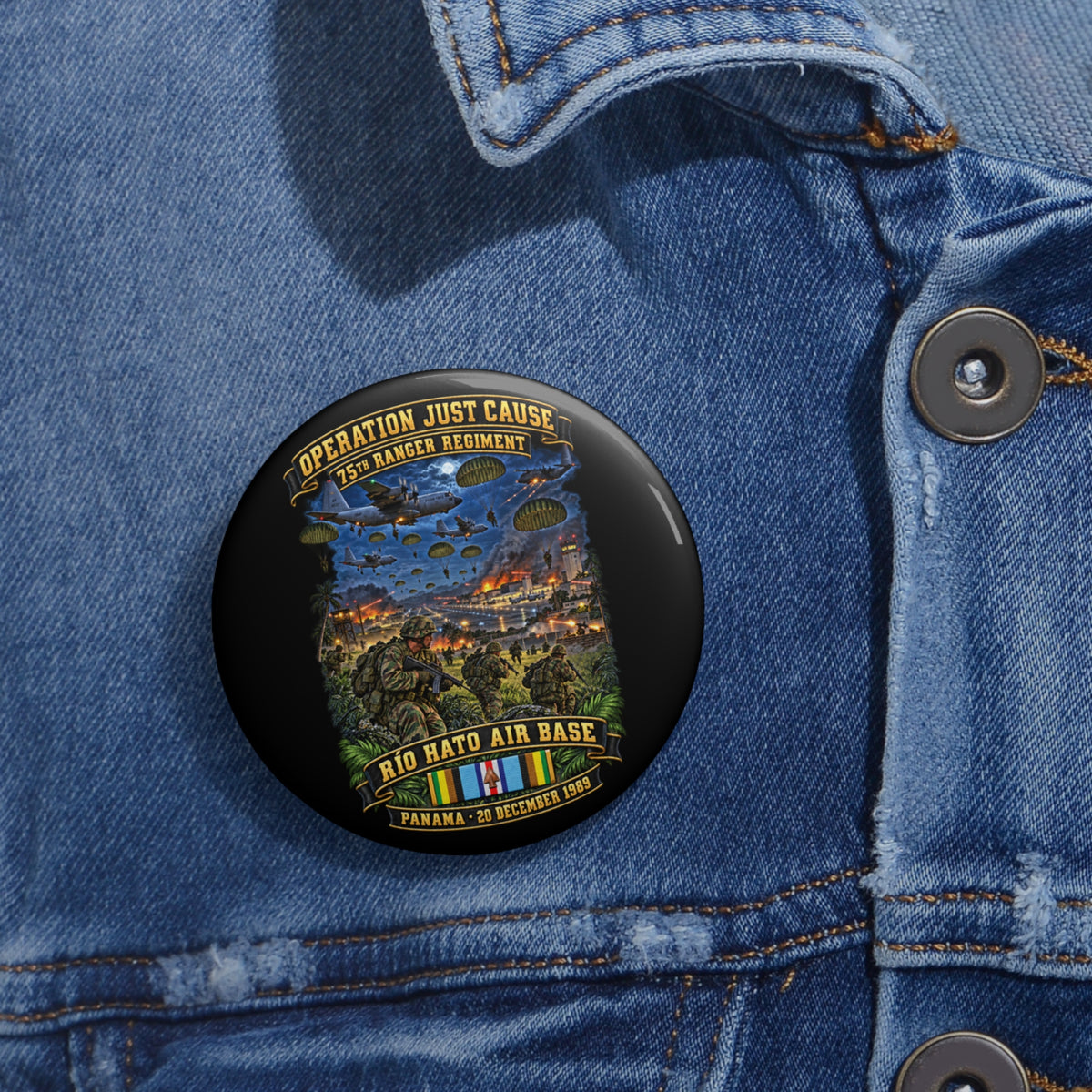 Custom Pin Buttons - SOF - Operation Just Cause  - Panama Invasion 1989 - 75th Ranger Rgt - Rio Hato Air Base - 3D - Enhanced