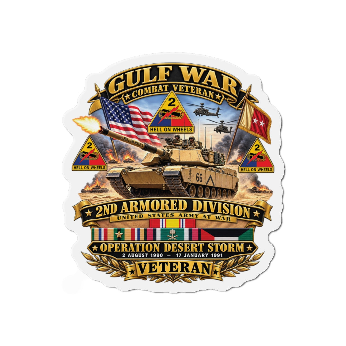 Die-Cut Magnets — Army - Desert Storm - 2nd Armored Div - Combat Vereran Veteran w GULF SVC - 3D - Enhanced