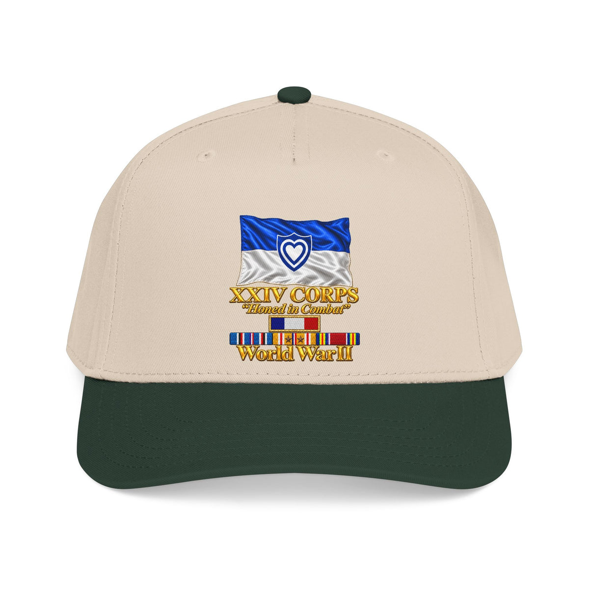 Mid Profile Baseball Cap - Army - XXIV Corps Flag - Waving - Ribbons - World War II - 3D - Transparent