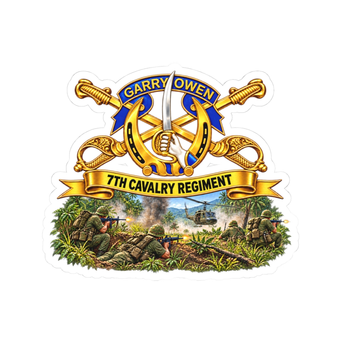 Kiss-Cut Stickers - 7th Cavalry Regiment - DUI, Br, Ribbon w  Battle of Ia drang Valley Scene - Vietnam - 3D - Transparent
