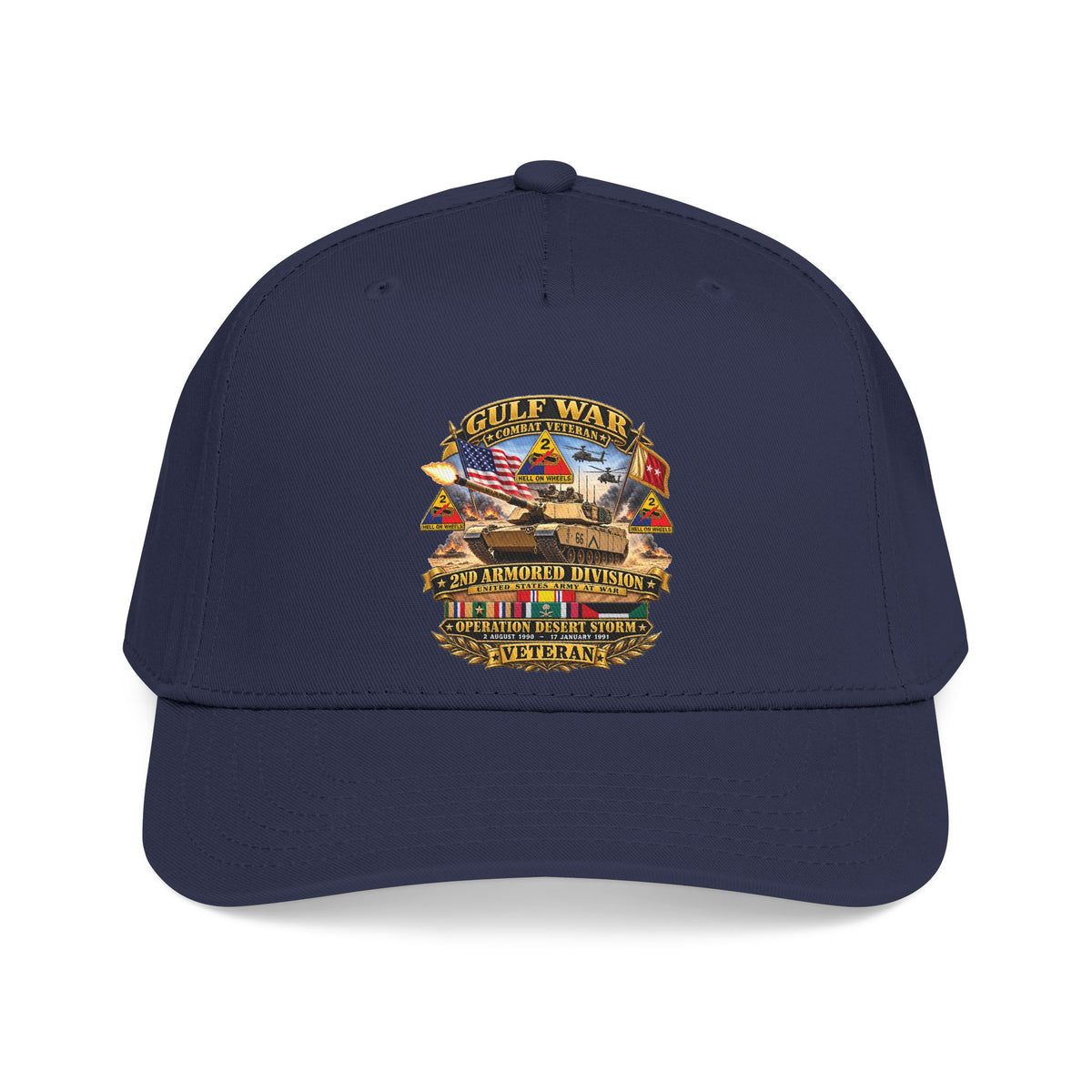 Mid Profile Baseball Cap - Army - Desert Storm - 2nd Armored Div - Combat Vereran Veteran w GULF SVC - 3D - Enhanced