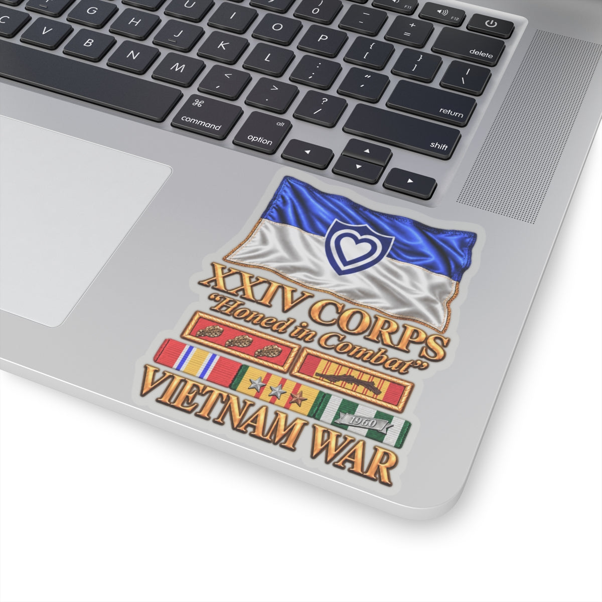 Kiss-Cut Stickers - Army - XXIV Corps Flag - Waving - Ribbons - Meritorious Awards - Vietnam War - 3D - Transparent