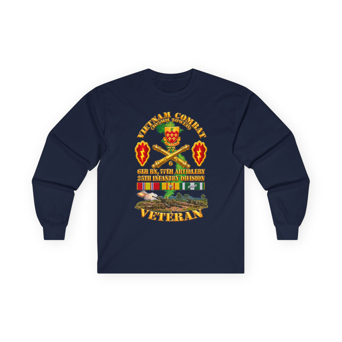 Unisex Ultra Cotton Long Sleeve Tee - Army - Vietnam Combat Veteran w 6th Bn 77th Artillery DUI -25th Infantry Div w Fire Mission Scene - 3D - Transparent