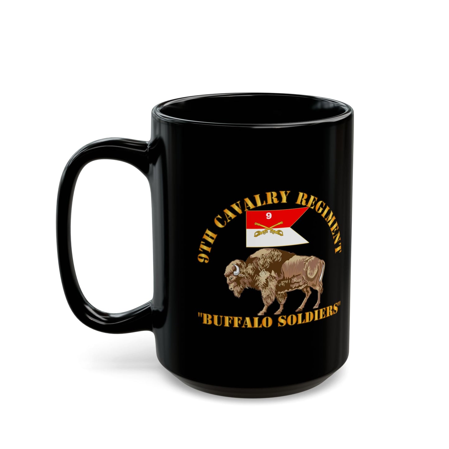 Black Mug 15oz - Army - 9th Cavalry Regiment - Buffalo Soldiers w 9th Cav Guidon