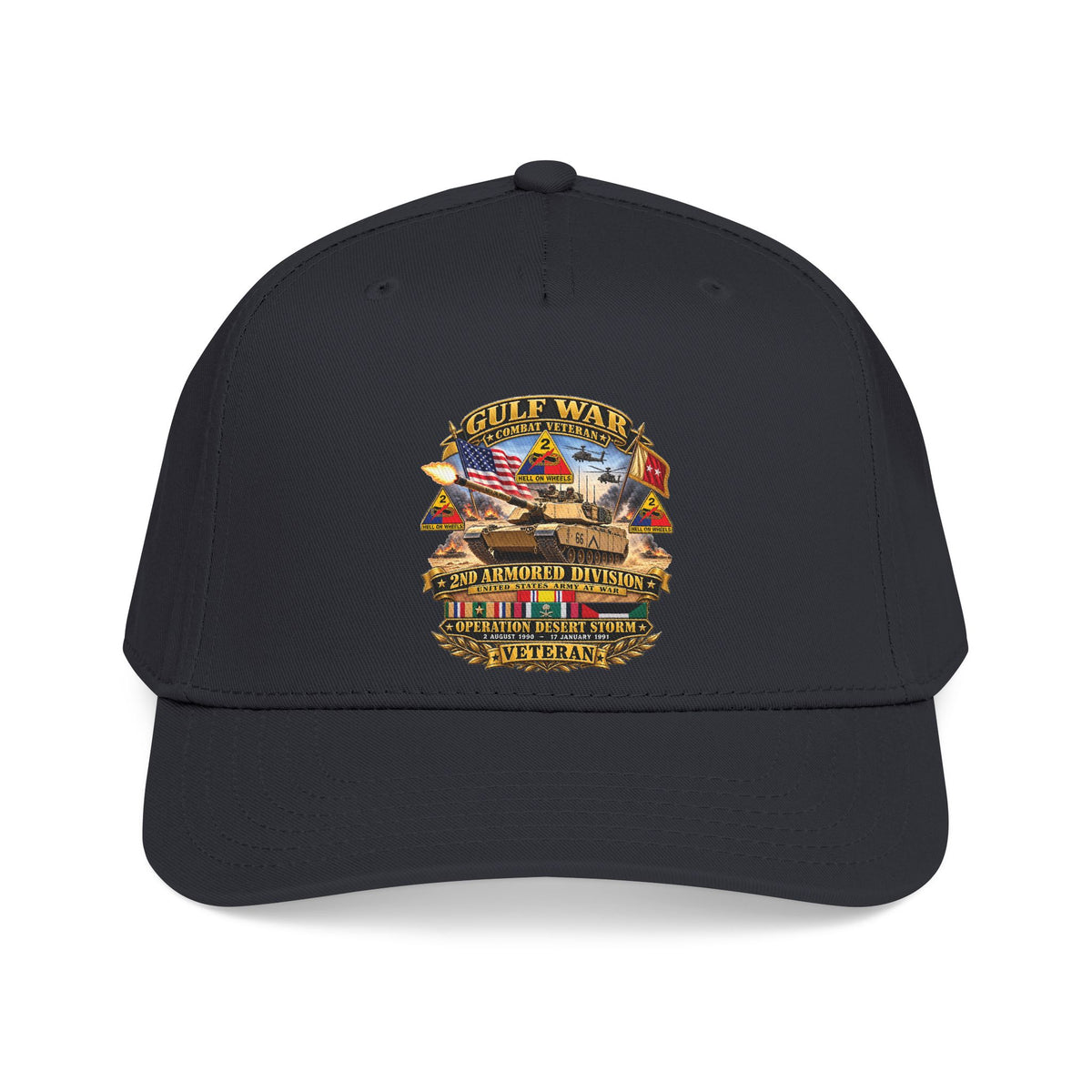 Mid Profile Baseball Cap - Army - Desert Storm - 2nd Armored Div - Combat Vereran Veteran w GULF SVC - 3D - Enhanced
