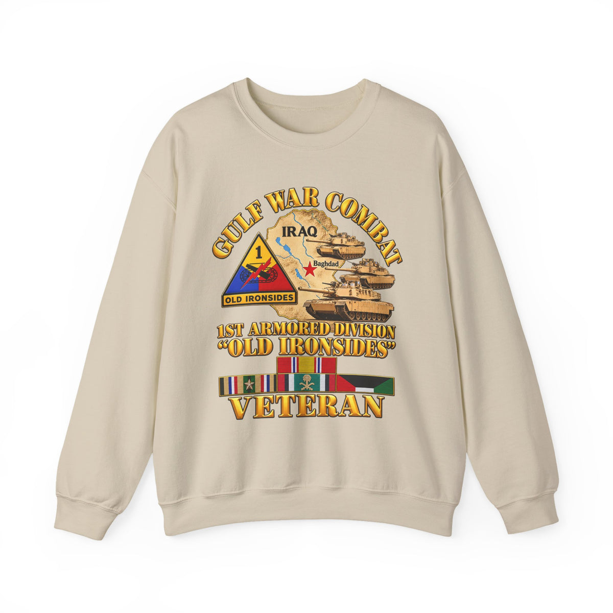Crewneck Sweatshirt - Army - Gulf War Combat - 1st Armored Divi - Old Ironsides - Veteran - Map w GULF SVC - 3D - Enhanced